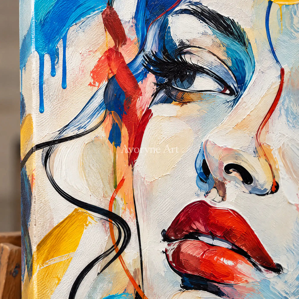 Chromatic Gaze: Textured Colorful Portrait Wall Art — detail easel
