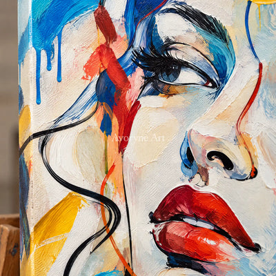 Chromatic Gaze: Textured Colorful Portrait Wall Art — detail easel