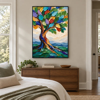 Canopy Song: Textured Colorful Tree Landscape Art — bedroom black