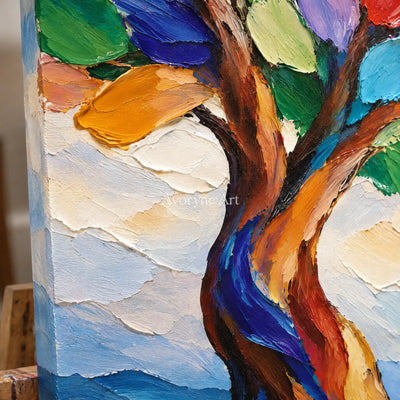 Canopy Song: Textured Colorful Tree Landscape Art — detail easel