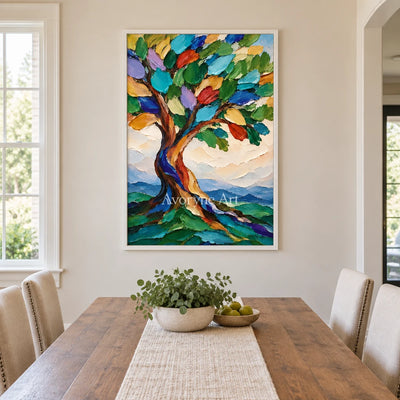 Canopy Song: Textured Colorful Tree Landscape Art — dining white