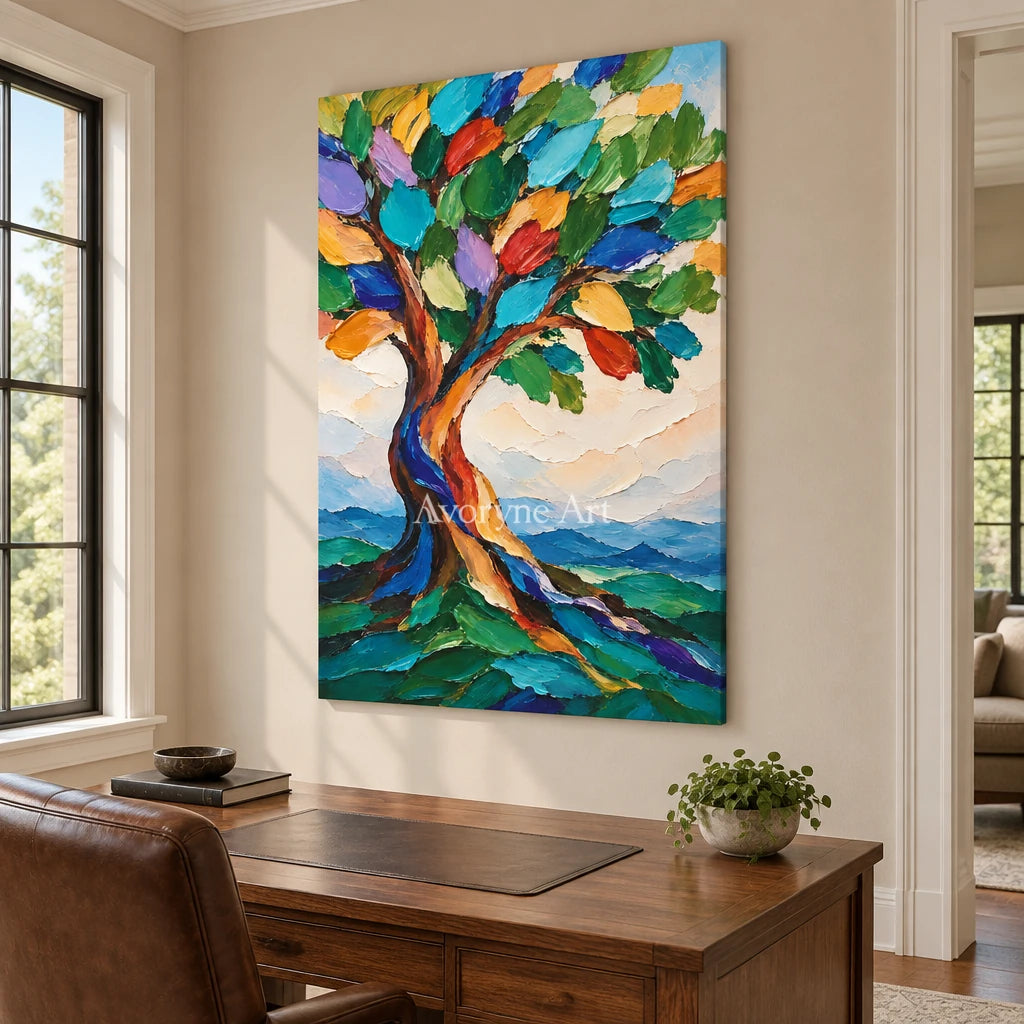 Canopy Song: Textured Colorful Tree Landscape Art — office frameless