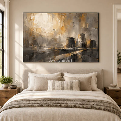 Gilded District: Textured Gold City Abstract Wall Art — bedroom black