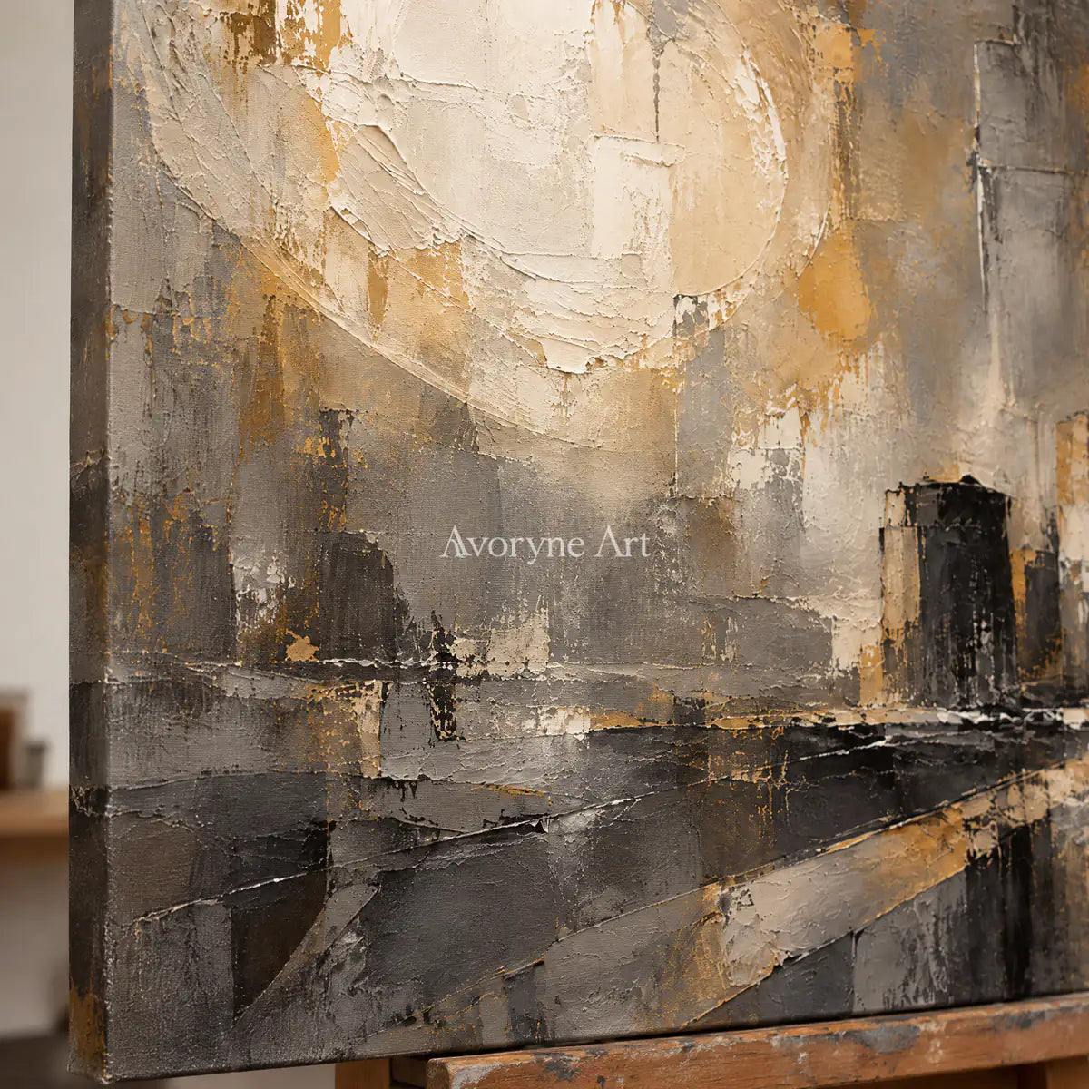 Gilded District: Textured Gold City Abstract Wall Art — detail easel