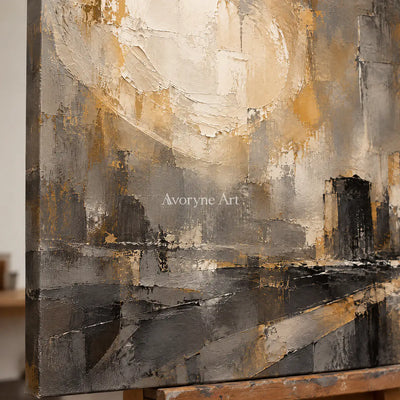 Gilded District: Textured Gold City Abstract Wall Art — detail easel