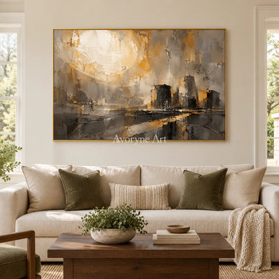 Gilded District: Textured Gold City Abstract Wall Art — living gold