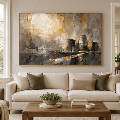 Gilded District: Textured Gold City Abstract Wall Art — villa wood