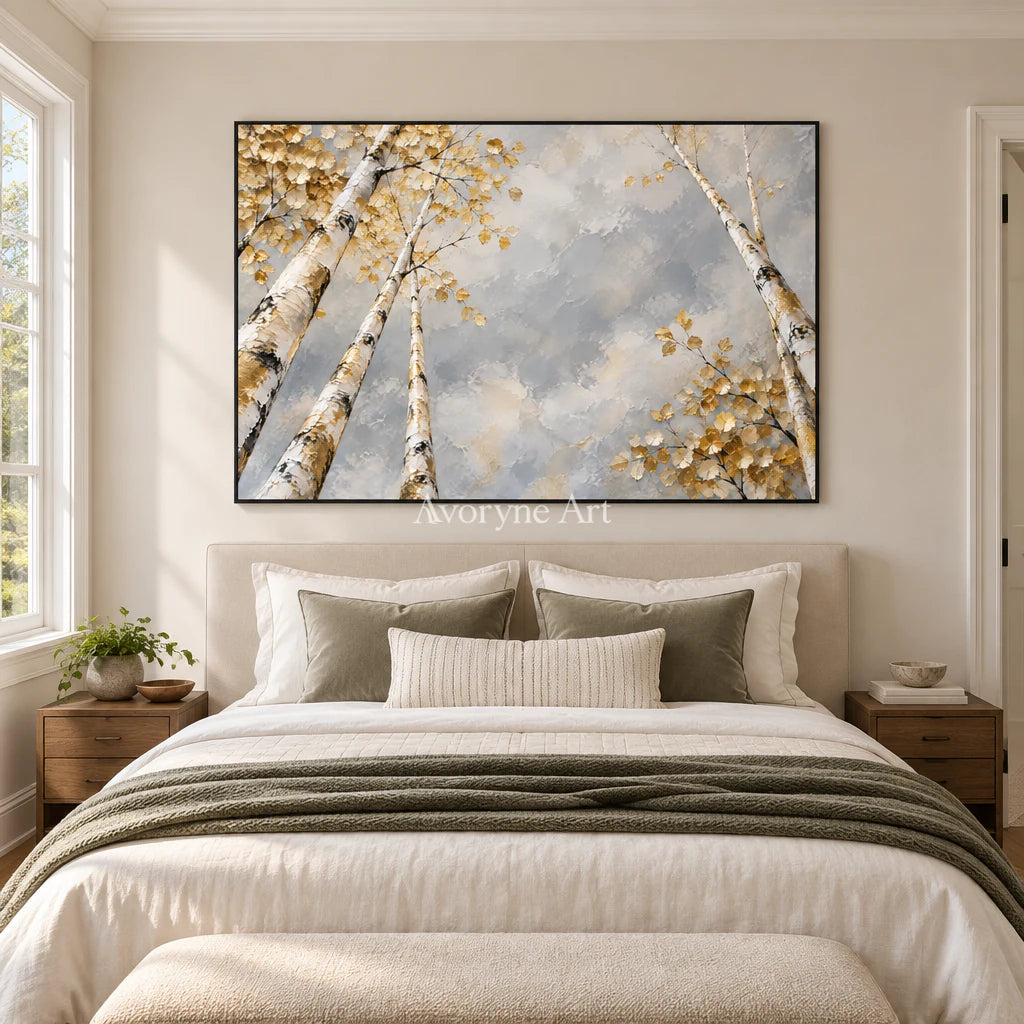 Canopy Aperture: Textured Gold Tree Landscape Wall Art — bedroom black