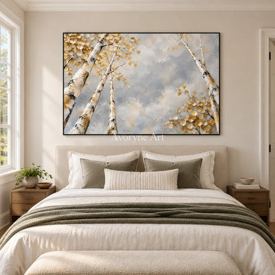 Canopy Aperture: Textured Gold Tree Landscape Wall Art — bedroom black