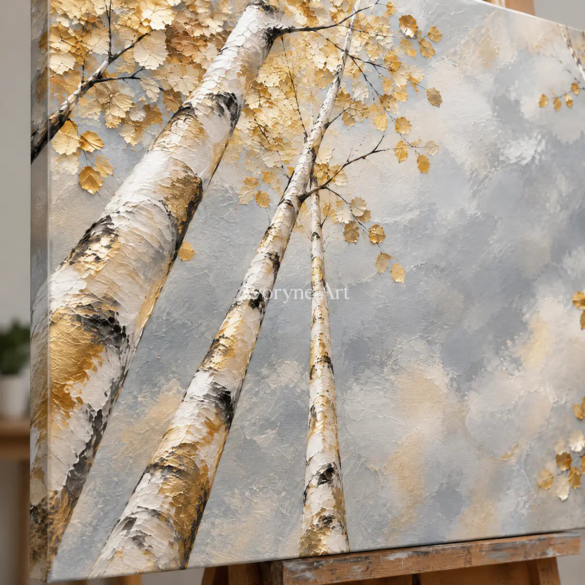 Canopy Aperture: Textured Gold Tree Landscape Wall Art — detail easel