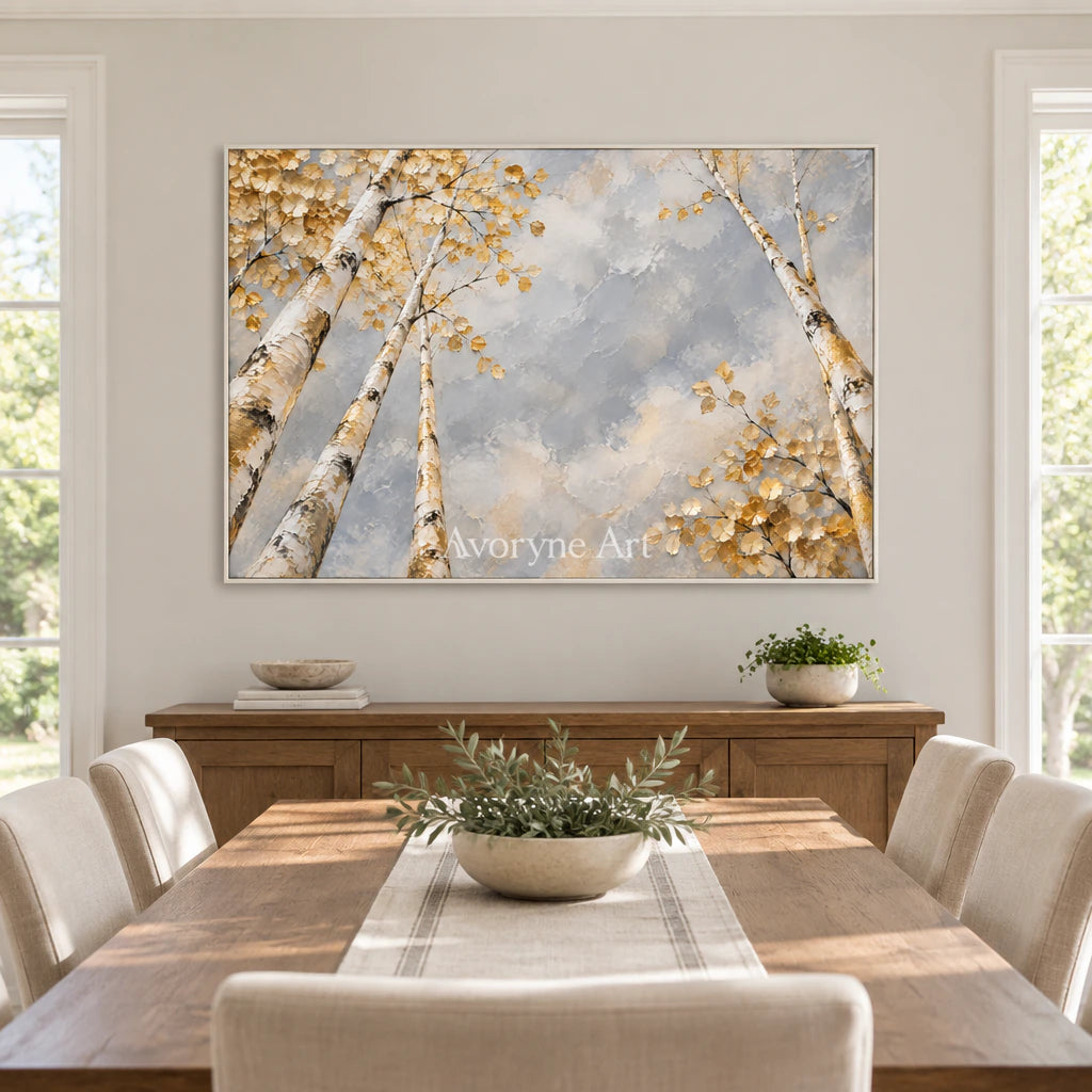 Canopy Aperture: Textured Gold Tree Landscape Wall Art — dining white