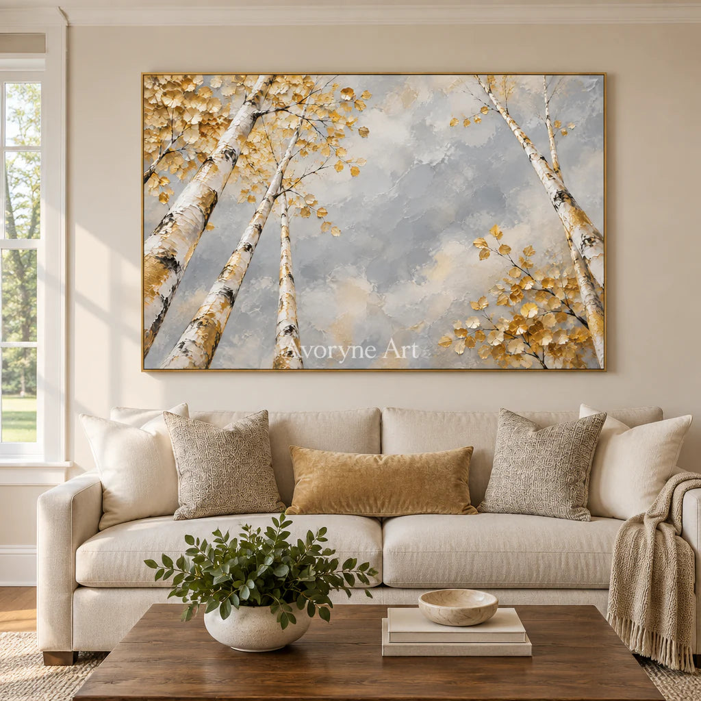 Canopy Aperture: Textured Gold Tree Landscape Wall Art — living gold