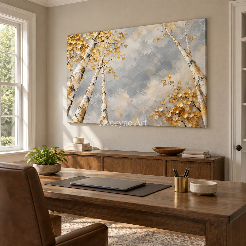 Canopy Aperture: Textured Gold Tree Landscape Wall Art — office frameless