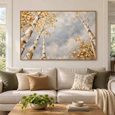 Canopy Aperture: Textured Gold Tree Landscape Wall Art — villa wood