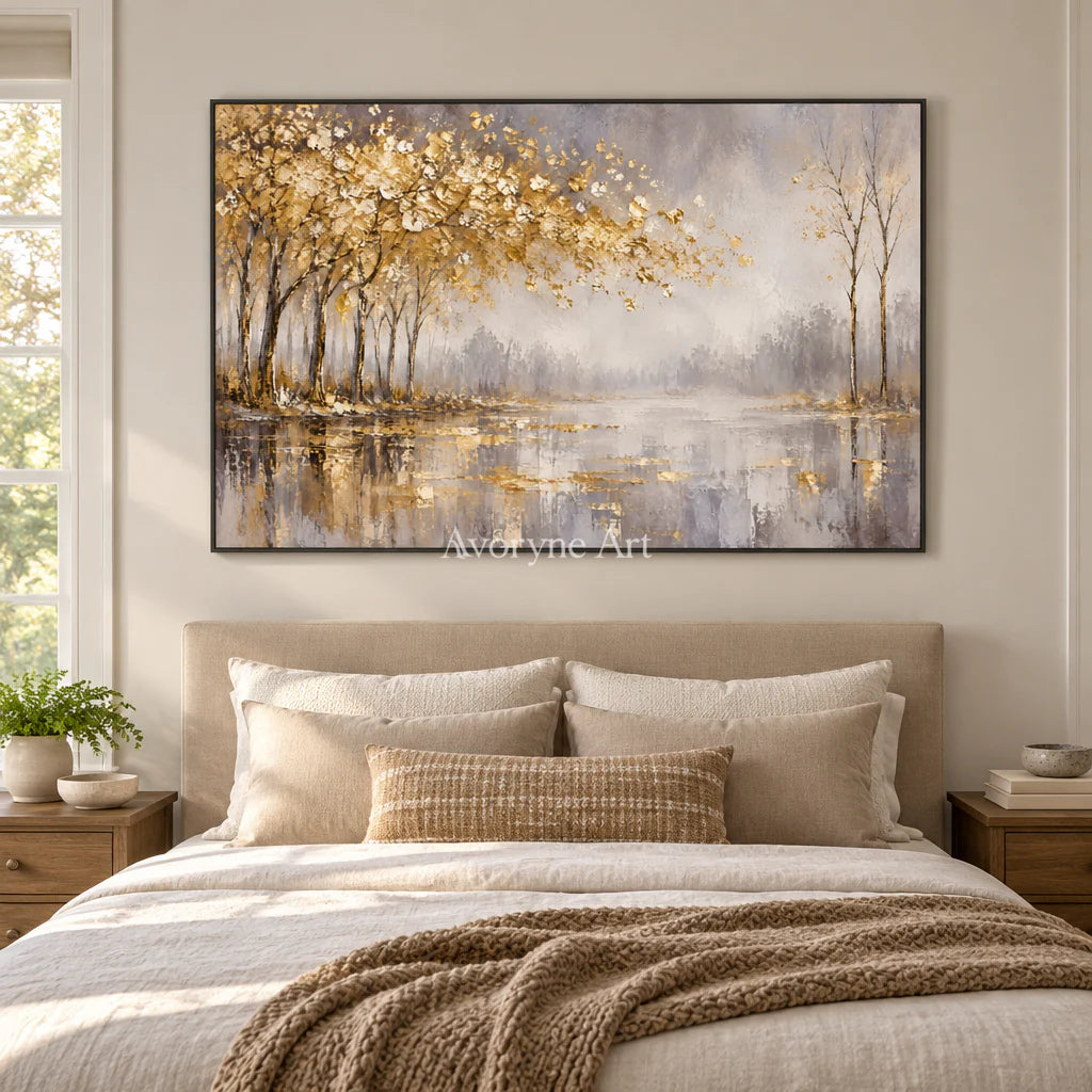 Golden Waterside: Textured Gold Tree Landscape Wall Art — bedroom black