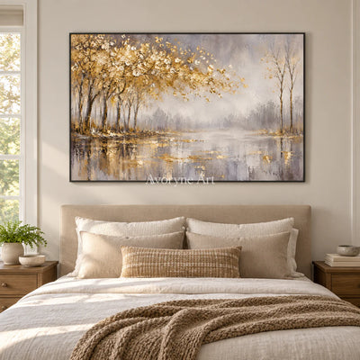 Golden Waterside: Textured Gold Tree Landscape Wall Art — bedroom black