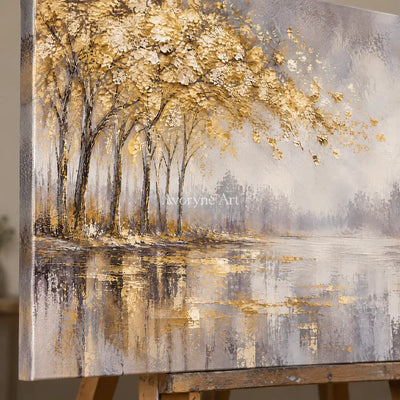 Golden Waterside: Textured Gold Tree Landscape Wall Art — detail easel