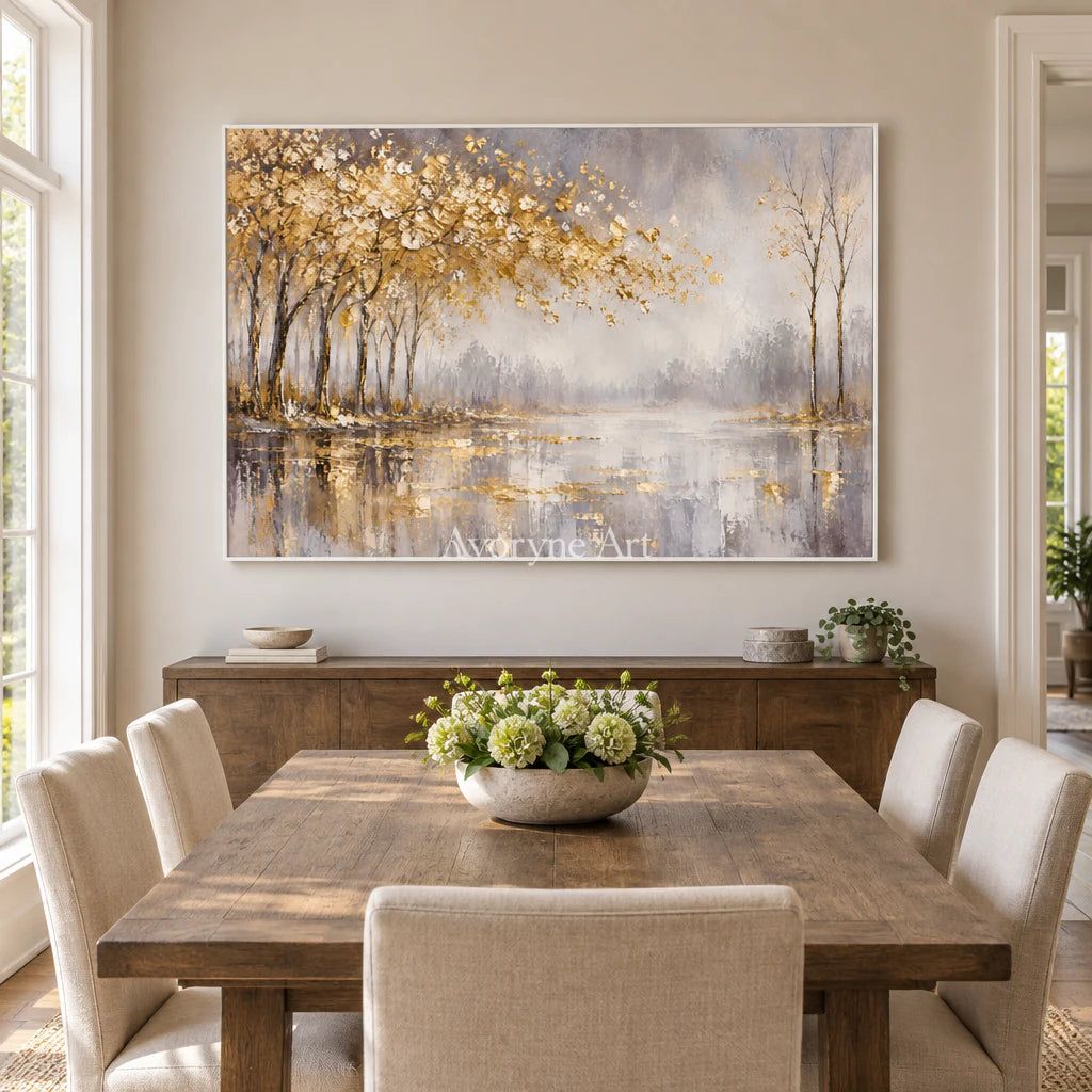 Golden Waterside: Textured Gold Tree Landscape Wall Art — dining white