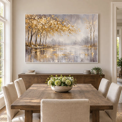 Golden Waterside: Textured Gold Tree Landscape Wall Art — dining white