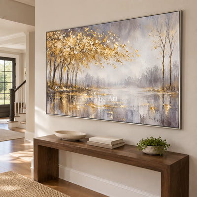 Golden Waterside: Textured Gold Tree Landscape Wall Art — entry silver