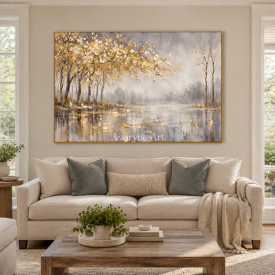 Golden Waterside: Textured Gold Tree Landscape Wall Art — living gold
