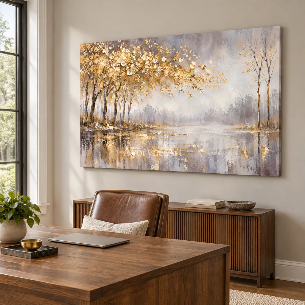 Golden Waterside: Textured Gold Tree Landscape Wall Art — office frameless