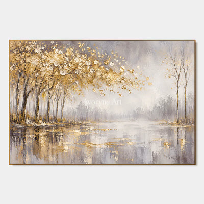 Golden Waterside: Textured Gold Tree Landscape Wall Art — primary