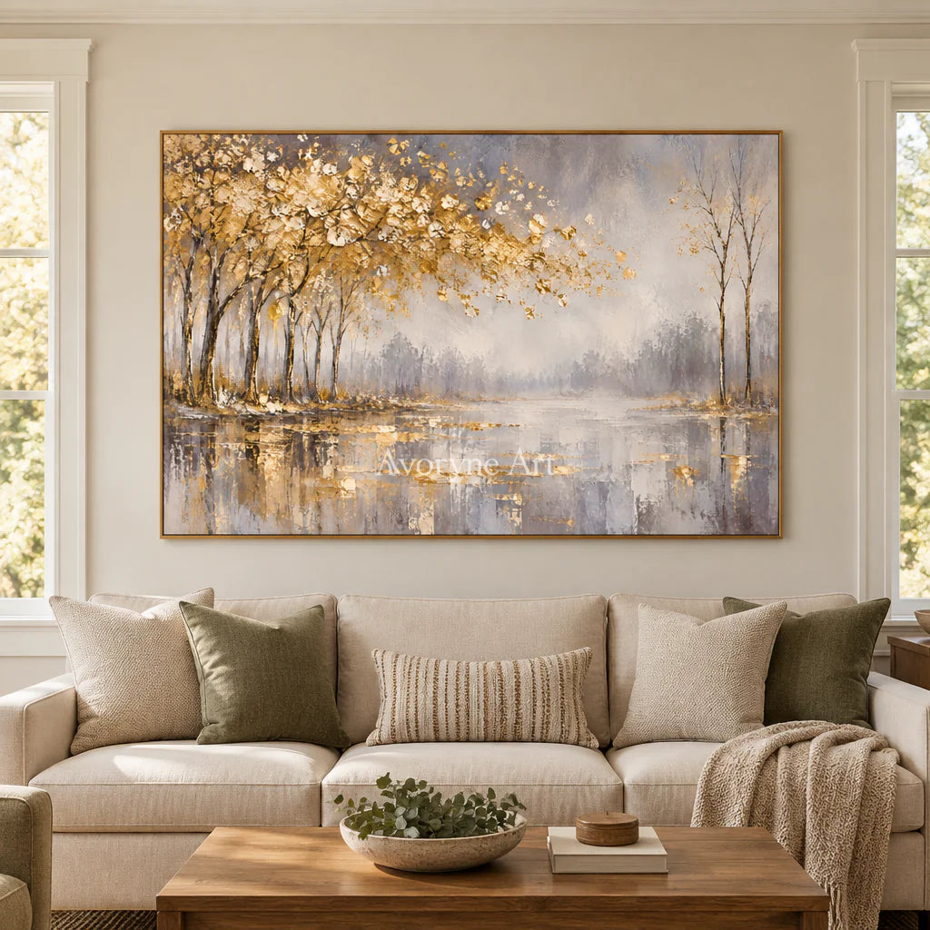 Golden Waterside: Textured Gold Tree Landscape Wall Art — villa wood