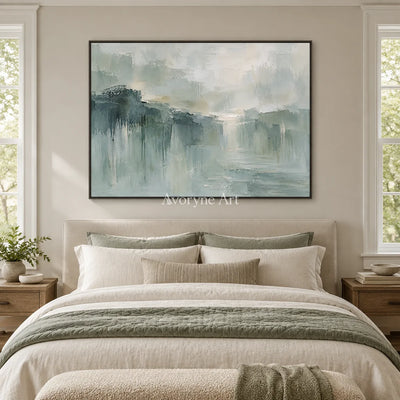 Misted Reach: Textured Gray Green Landscape Wall Art — bedroom black