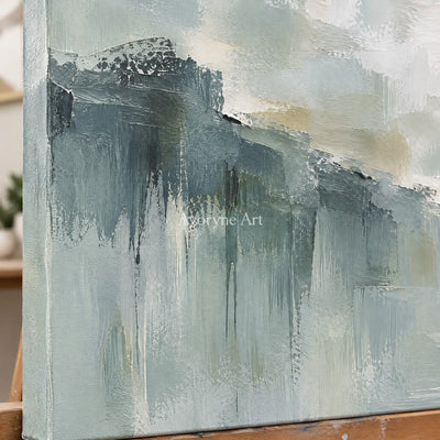Misted Reach: Textured Gray Green Landscape Wall Art — detail easel