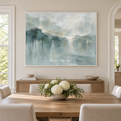 Misted Reach: Textured Gray Green Landscape Wall Art — dining white
