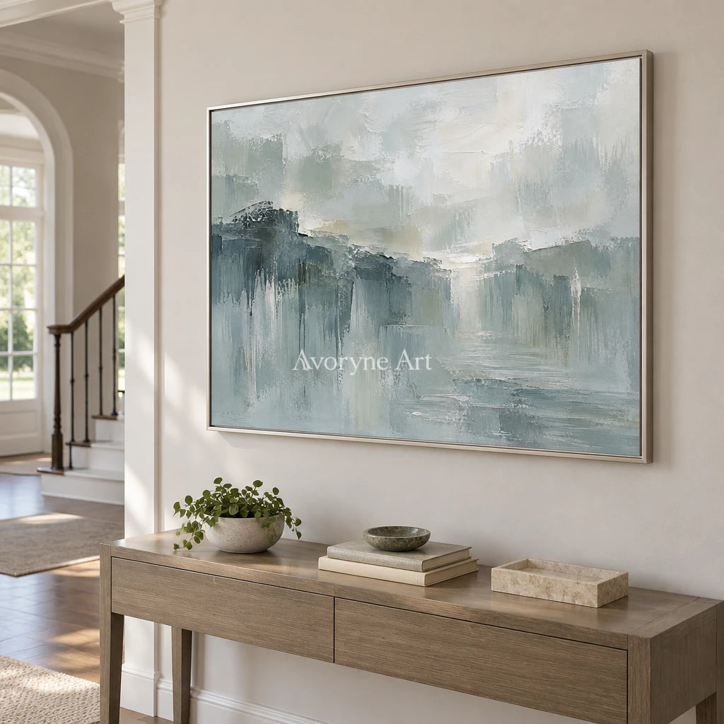 Misted Reach: Textured Gray Green Landscape Wall Art — entry silver
