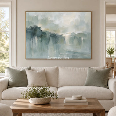 Misted Reach: Textured Gray Green Landscape Wall Art — living gold