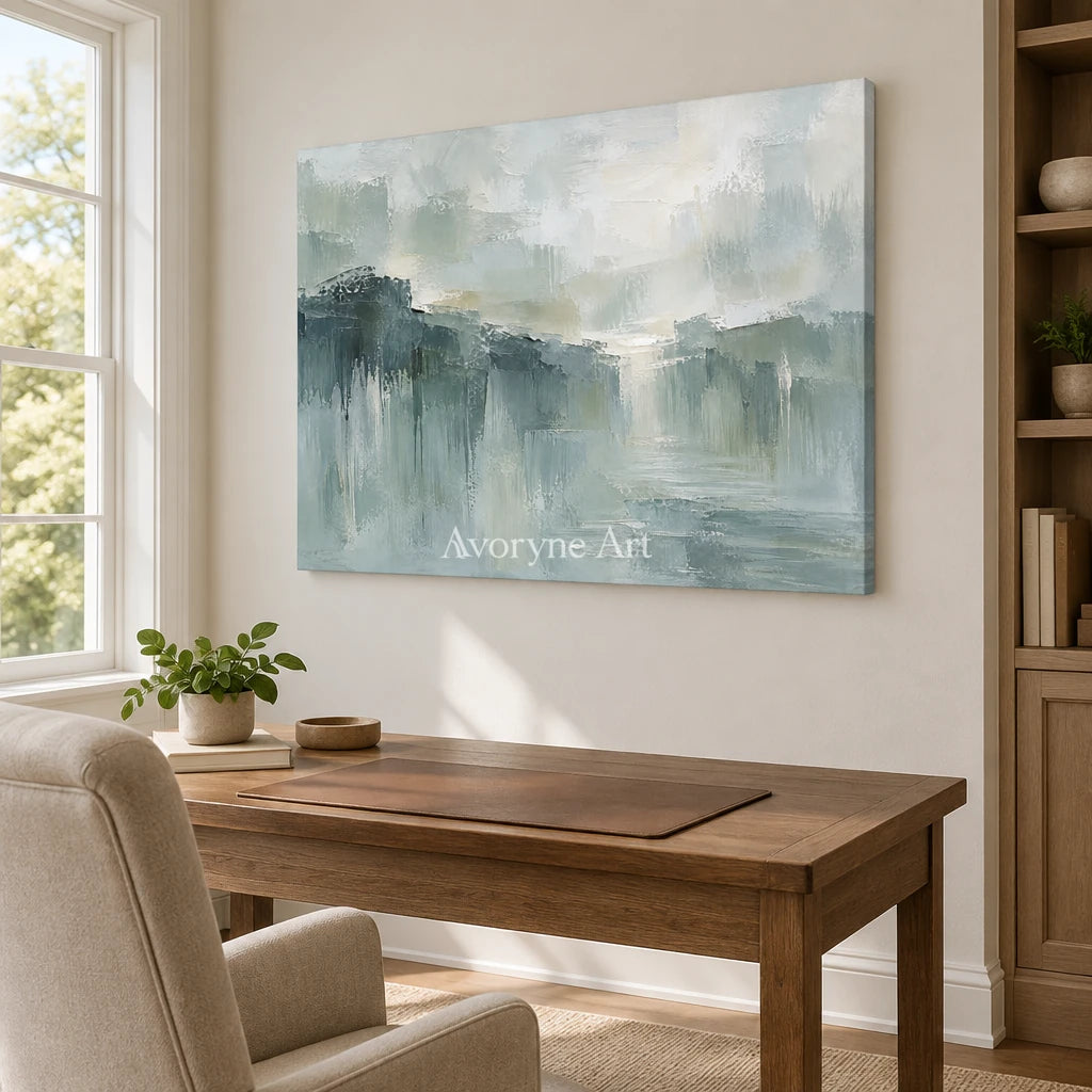 Misted Reach: Textured Gray Green Landscape Wall Art — office frameless