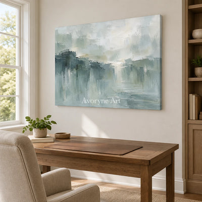 Misted Reach: Textured Gray Green Landscape Wall Art — office frameless