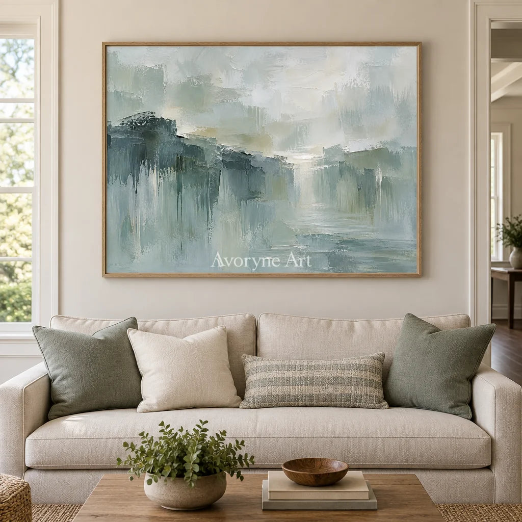 Misted Reach: Textured Gray Green Landscape Wall Art — villa wood