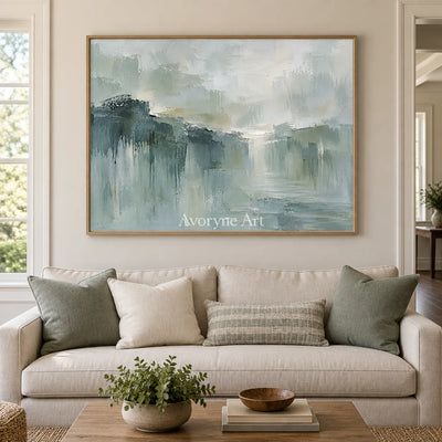 Misted Reach: Textured Gray Green Landscape Wall Art — villa wood