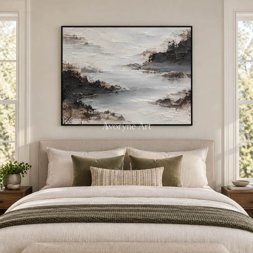 Silver Inlet: Textured Gray Mist Landscape Wall Art — bedroom black