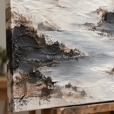 Silver Inlet: Textured Gray Mist Landscape Wall Art — detail easel