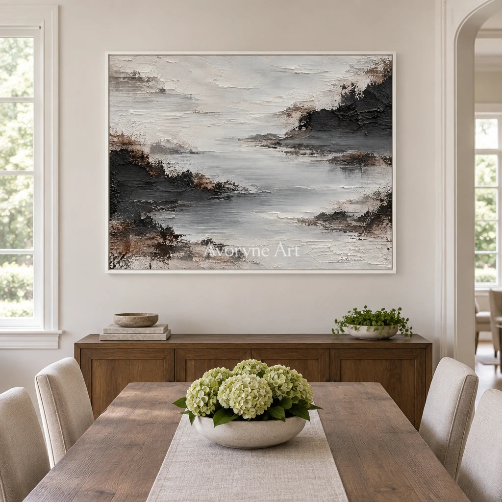 Silver Inlet: Textured Gray Mist Landscape Wall Art — dining white