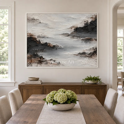 Silver Inlet: Textured Gray Mist Landscape Wall Art — dining white