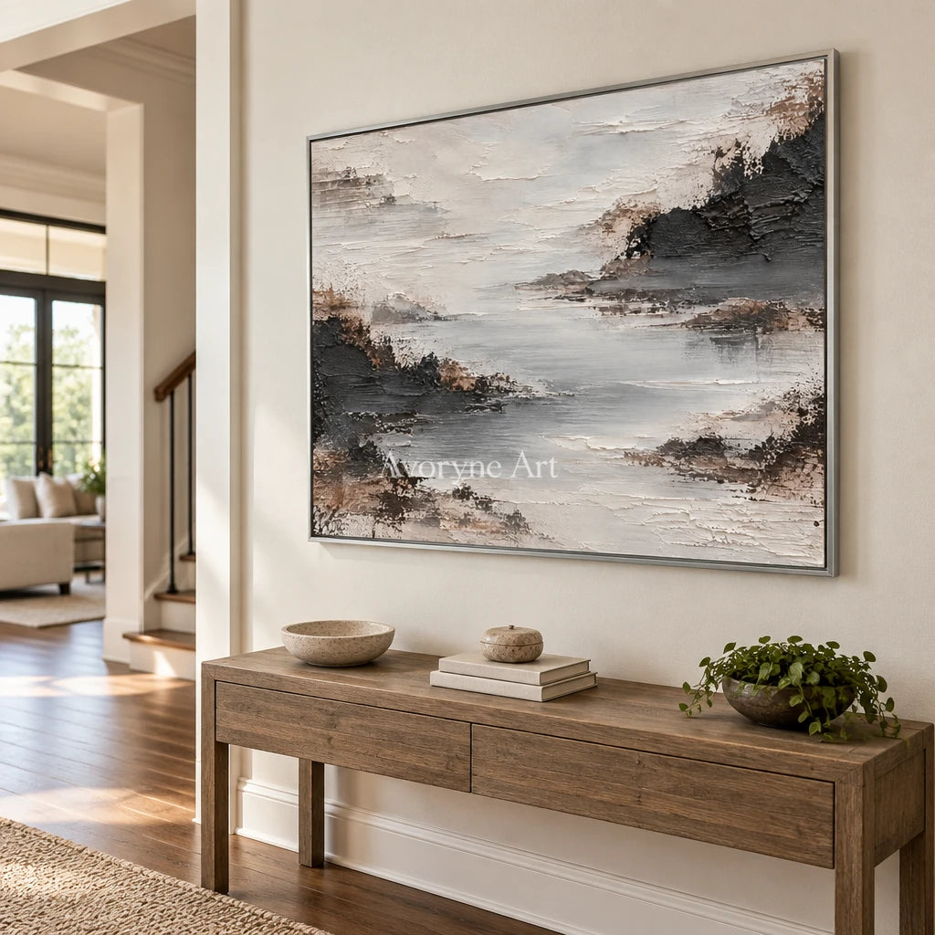 Silver Inlet: Textured Gray Mist Landscape Wall Art — entry silver