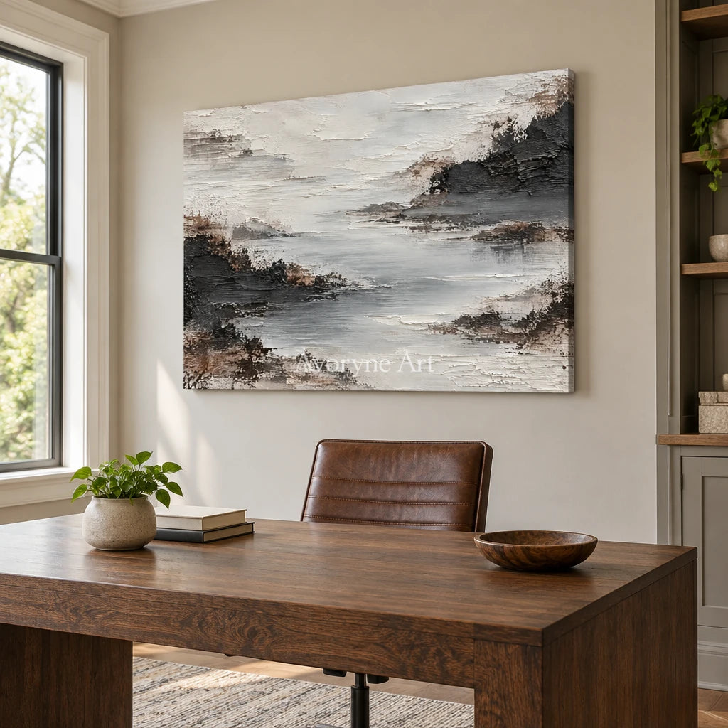 Silver Inlet: Textured Gray Mist Landscape Wall Art — office frameless