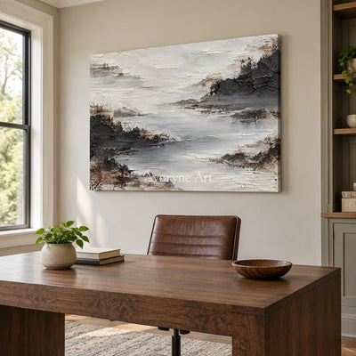 Silver Inlet: Textured Gray Mist Landscape Wall Art — office frameless