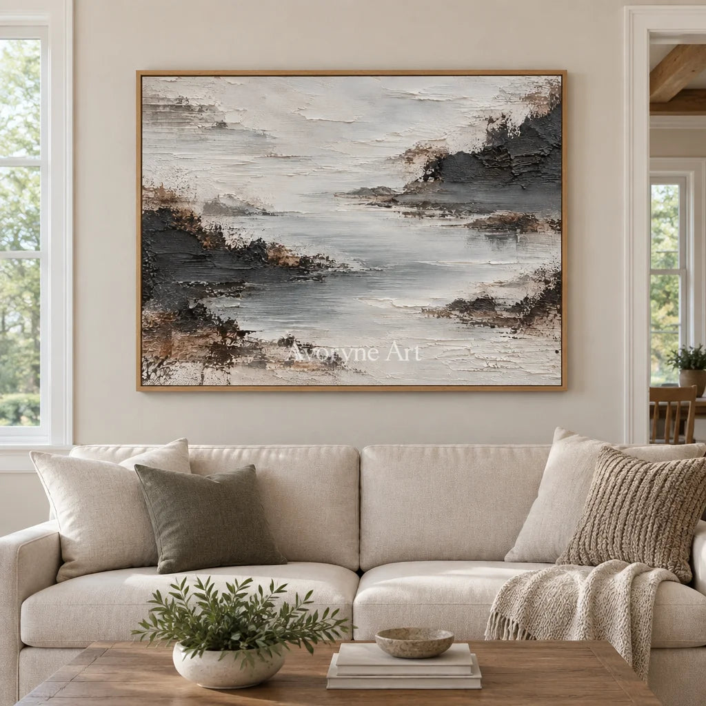 Silver Inlet: Textured Gray Mist Landscape Wall Art — villa wood
