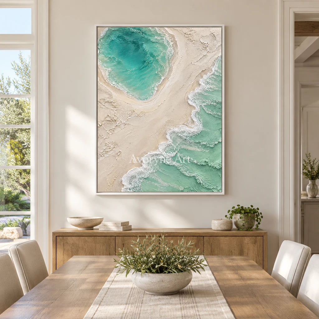 Mintwater Basin: Textured Green Coastal Relief Wall Art — dining white