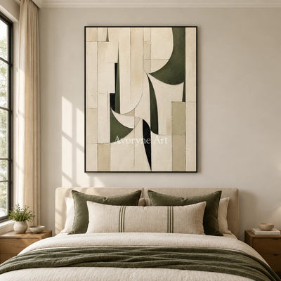 Ivory Turn: Textured Green Geometric Art — bedroom black
