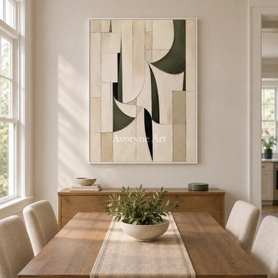 Ivory Turn: Textured Green Geometric Art — dining white