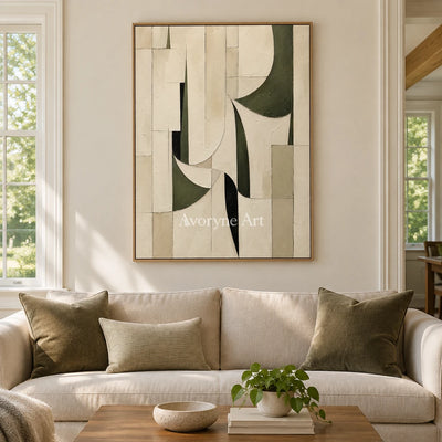 Ivory Turn: Textured Green Geometric Art — villa wood