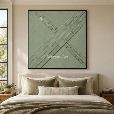 Sage Crossings: Textured Green Grid Relief Wall Art — bedroom black